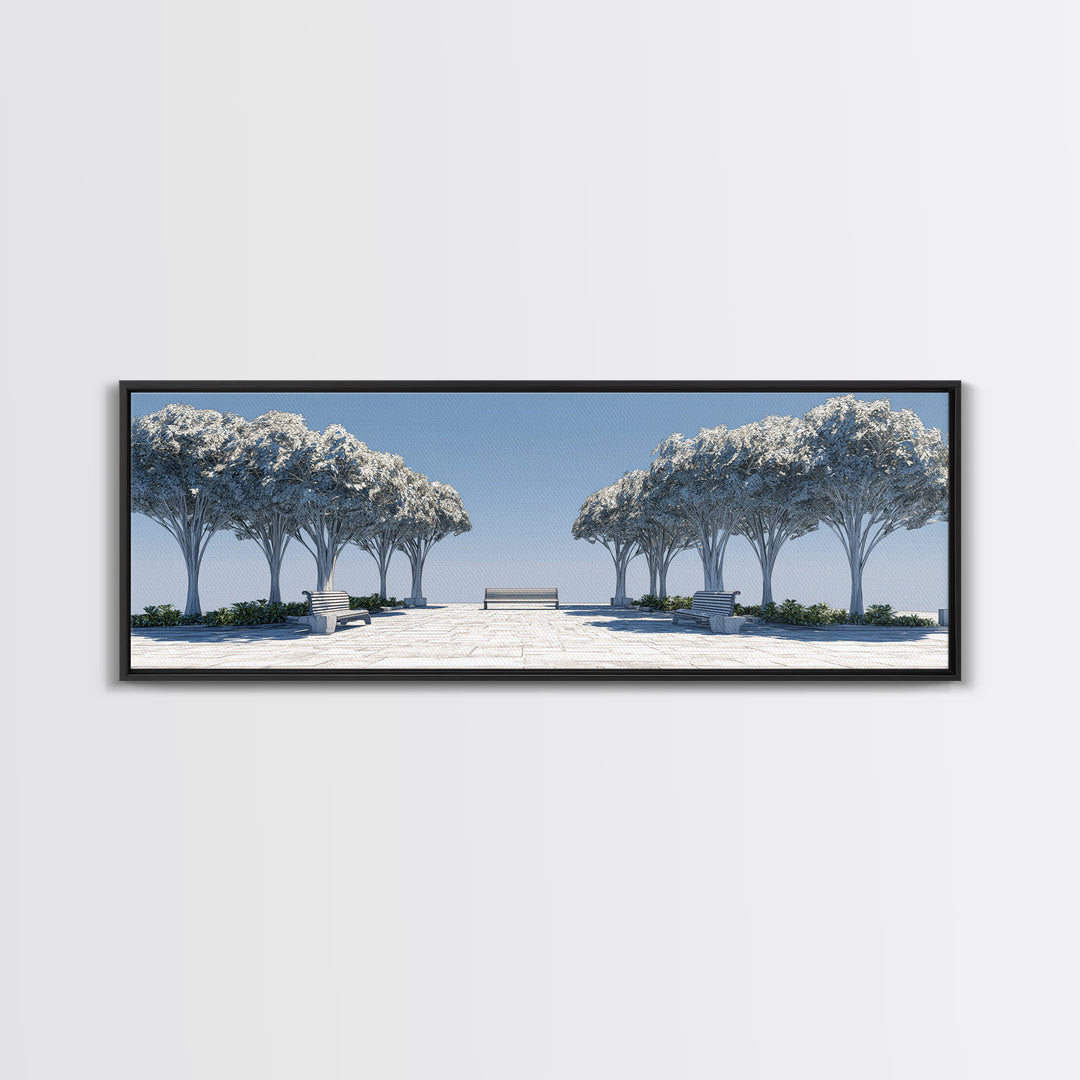 Symmetrical Winter Tree Promenade Canvas Print, Modern Wall Art, Scandinavian Landscape, Blue White Minimalist Wall Decor