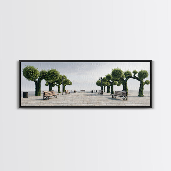 Coastal Boardwalk With Sculpted Green Trees And Benches Framed Canvas Print, Modern Wall Art, Beach House Decor Landscape