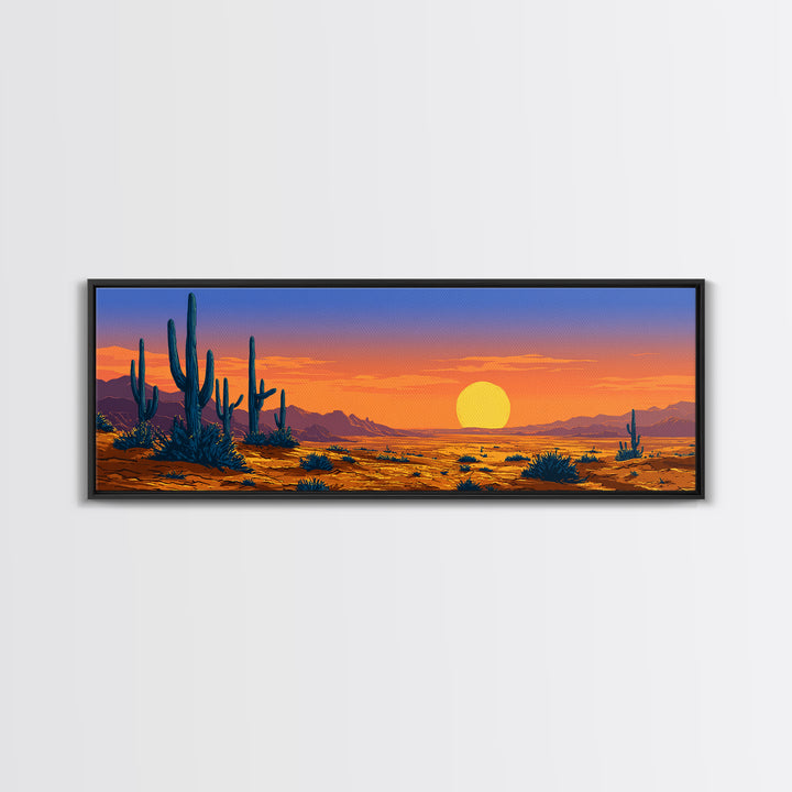 Vibrant Desert Sunset With Blue Cacti And Golden Sky Wall Art, Retro Art Print, Colorful Southwest Living Room Decor Poster