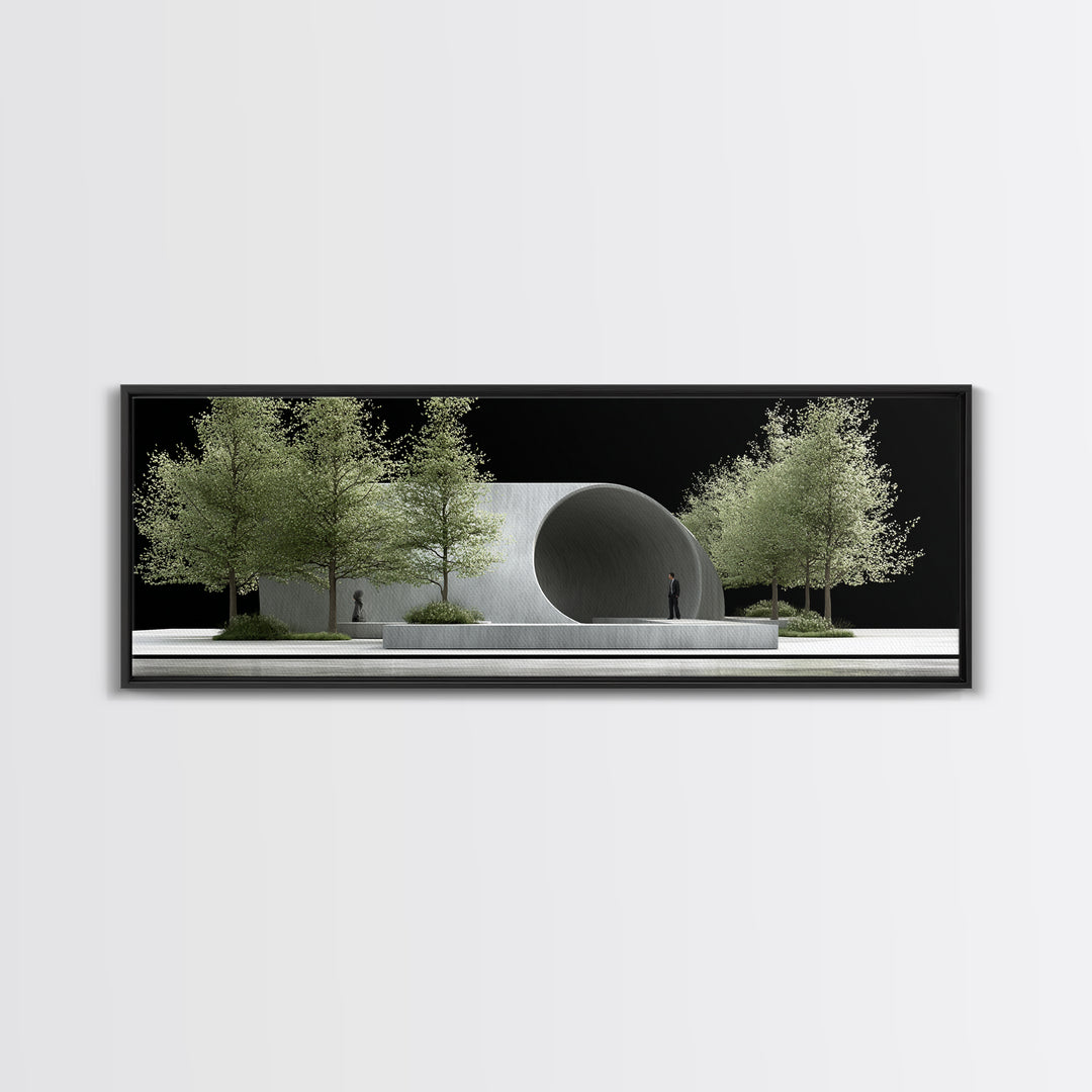 Concrete Circular Pavilion With Silver Trees And Black Sky Framed Canvas Print, Modern Architecture Wall Art, Office Decor