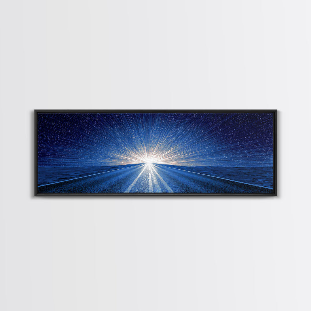 Starry Blue Highway Horizon Framed Canvas Print, Cosmic Retro Wall Art, Modern Digital Art, Space Abstract Decor For Living Room