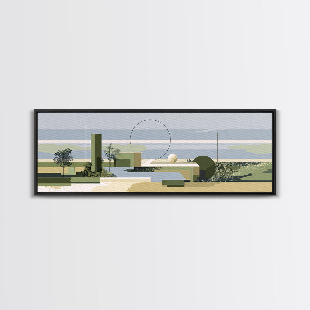 Midcentury Coastal Architecture Wall Art, Olive Green Geometric Landscape, Modern Abstract Decor, Minimalist Canvas Print