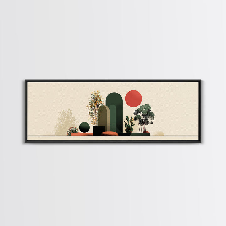 Abstract Botanical Still Life Wall Art, Red Sun And Green Arches, Midcentury Modern Decor, Boho Scandinavian Canvas Print