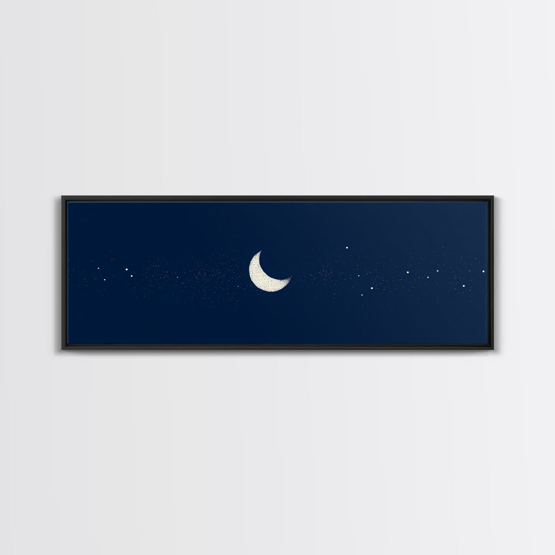 Minimal Navy Crescent Moon Wall Art, Tiny Star Night Sky Canvas, Scandinavian Modern Decor, Celestial Bedroom Art Print Gift