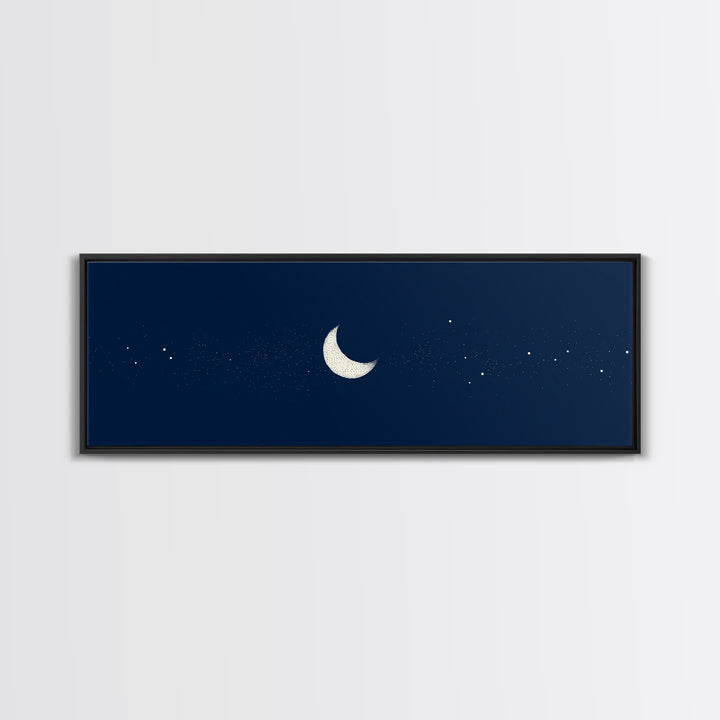 Minimal Navy Crescent Moon Wall Art, Tiny Star Night Sky Canvas, Scandinavian Modern Decor, Celestial Bedroom Art Print Gift