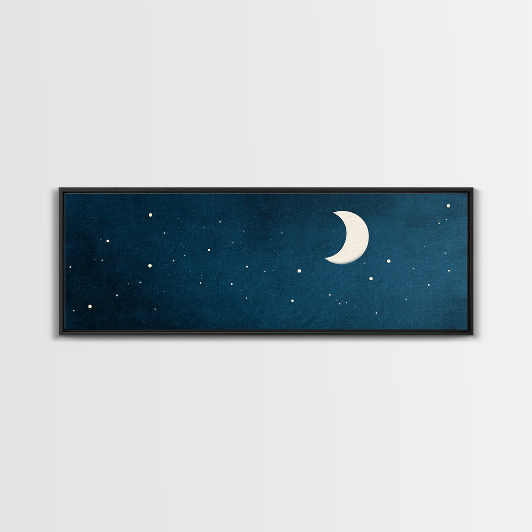 Textured Teal Crescent Moon Wall Art, Starry Night Sky Canvas, Minimalist Celestial Decor, Modern Bedroom Art Print Gift