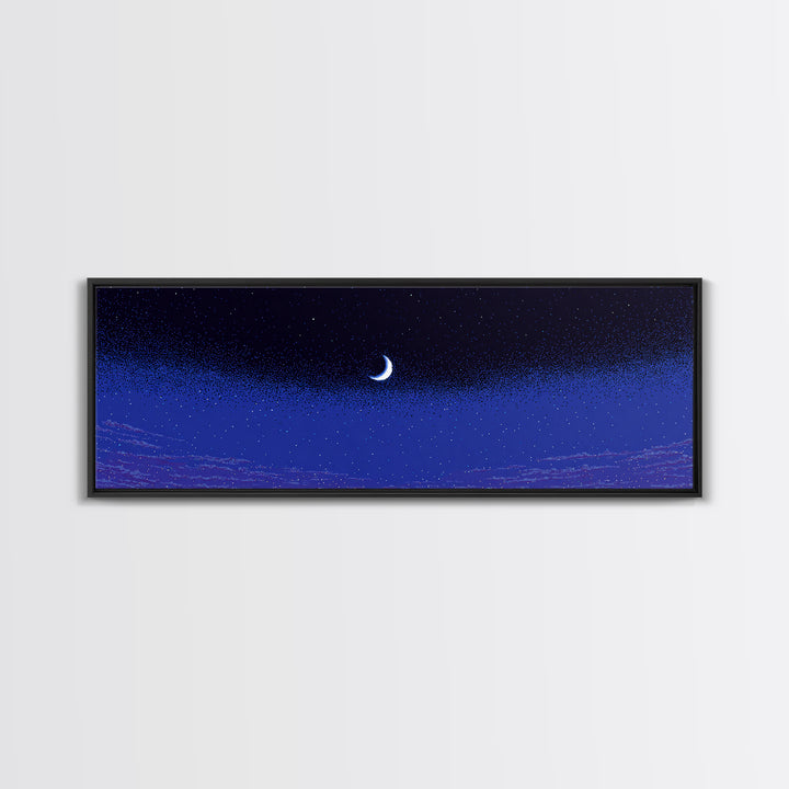Purple Blue Crescent Moon Wall Art, Starry Horizon Night Sky Canvas, Cosmic Retro Decor, Boho Celestial Bedroom Art Print