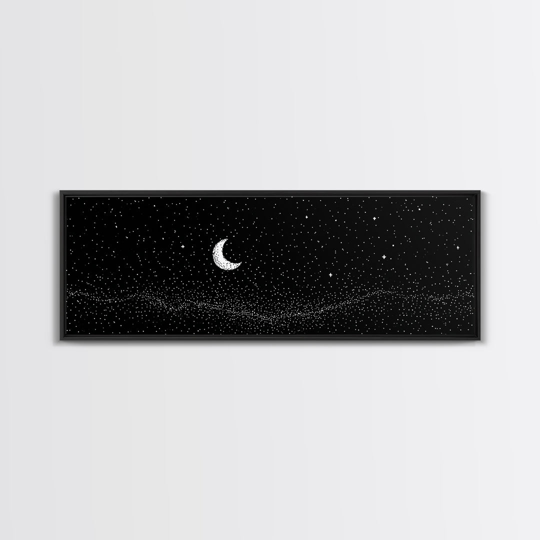 Black Starfield Crescent Moon Wall Art, White Stars Night Sky Canvas, Minimal Celestial Decor, Modern Bedroom Art Print Gift