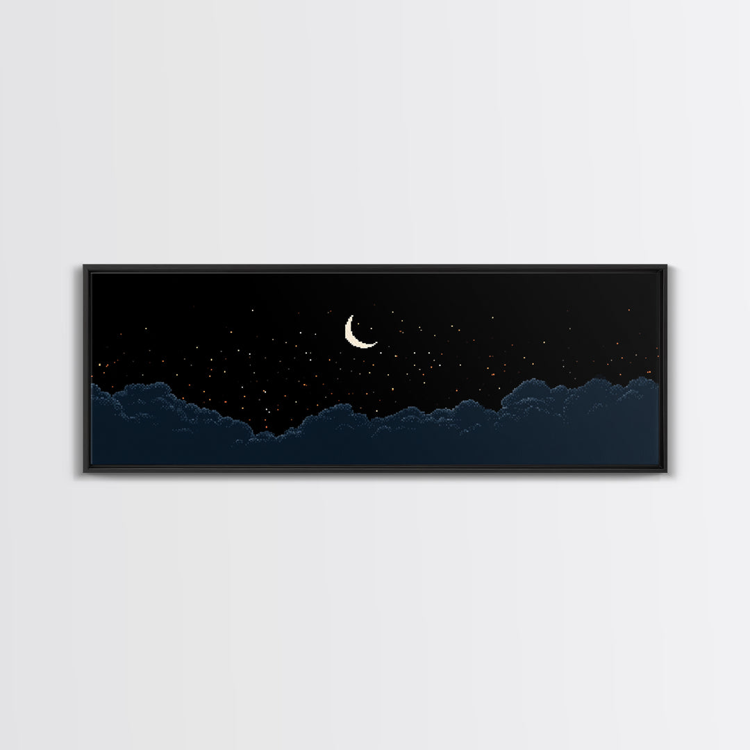 Crescent Moon Starry Night Clouds Wall Art, Pixel Landscape Print, Dark Blue Celestial Decor, Bedroom Office Poster Gift
