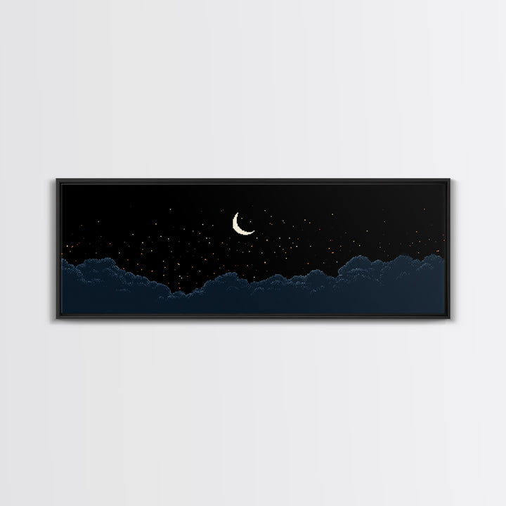 Crescent Moon Starry Night Clouds Wall Art, Pixel Landscape Print, Dark Blue Celestial Decor, Bedroom Office Poster Gift