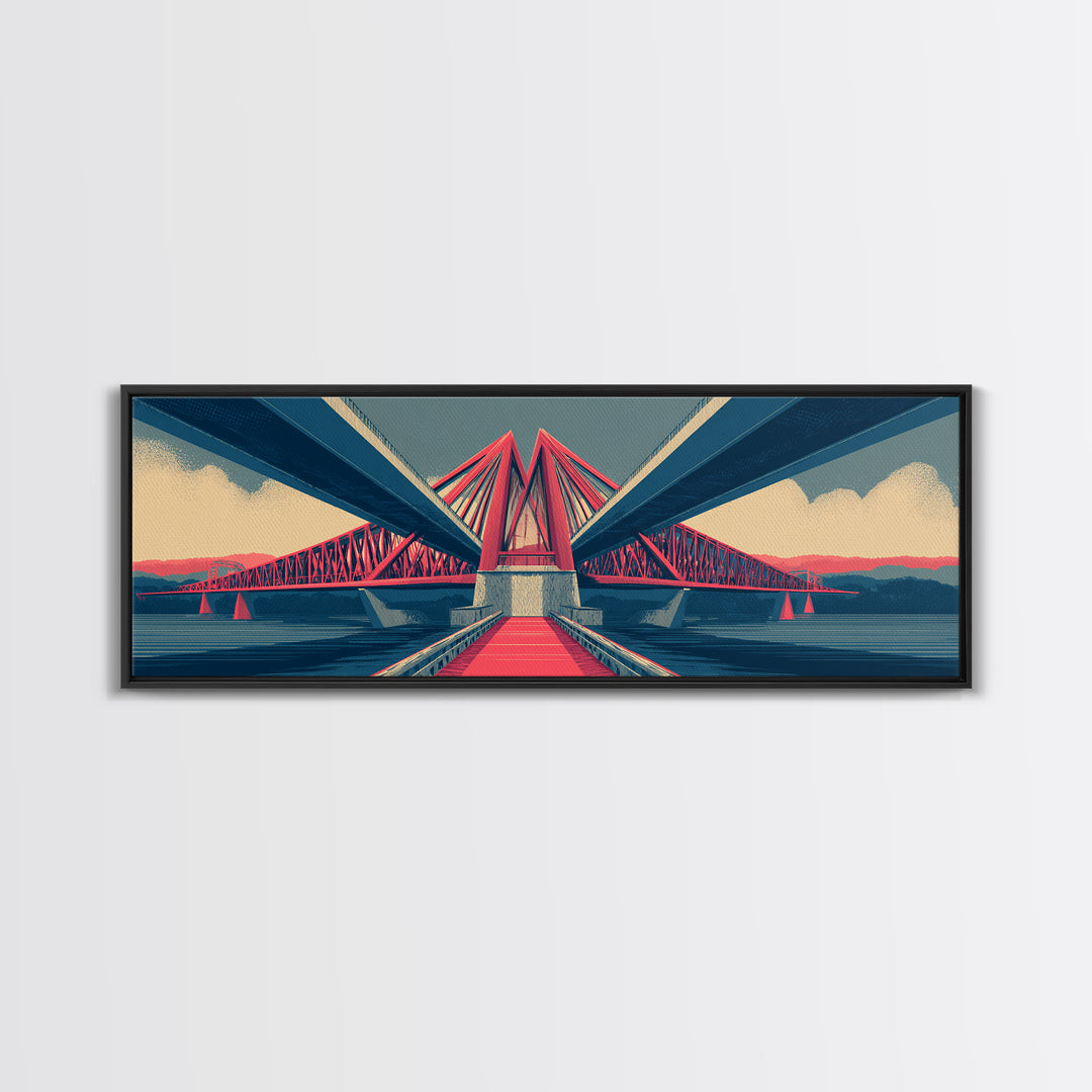 Red Suspension Bridge At Sunset Canvas Print, Midcentury Modern Wall Decor, Architectural Landscape, Retro Travel Poster