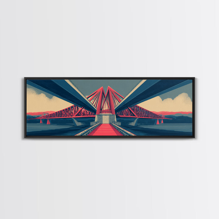 Red Suspension Bridge At Sunset Canvas Print, Midcentury Modern Wall Decor, Architectural Landscape, Retro Travel Poster
