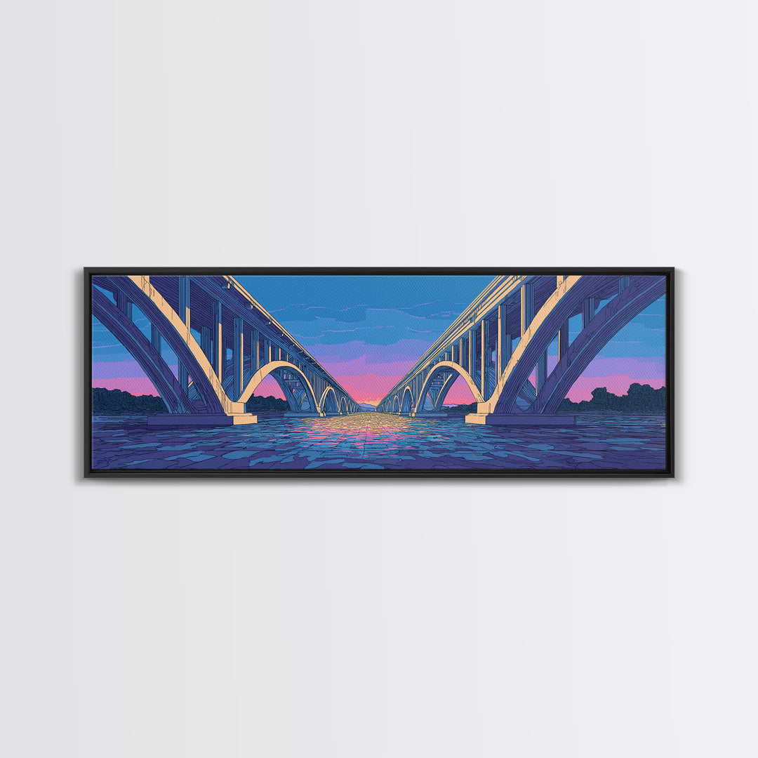 Blue Arch Bridge Sunset Wall Art, Panoramic River Cityscape Print, Modern Architectural Decor, Pink Purple Skyline Poster