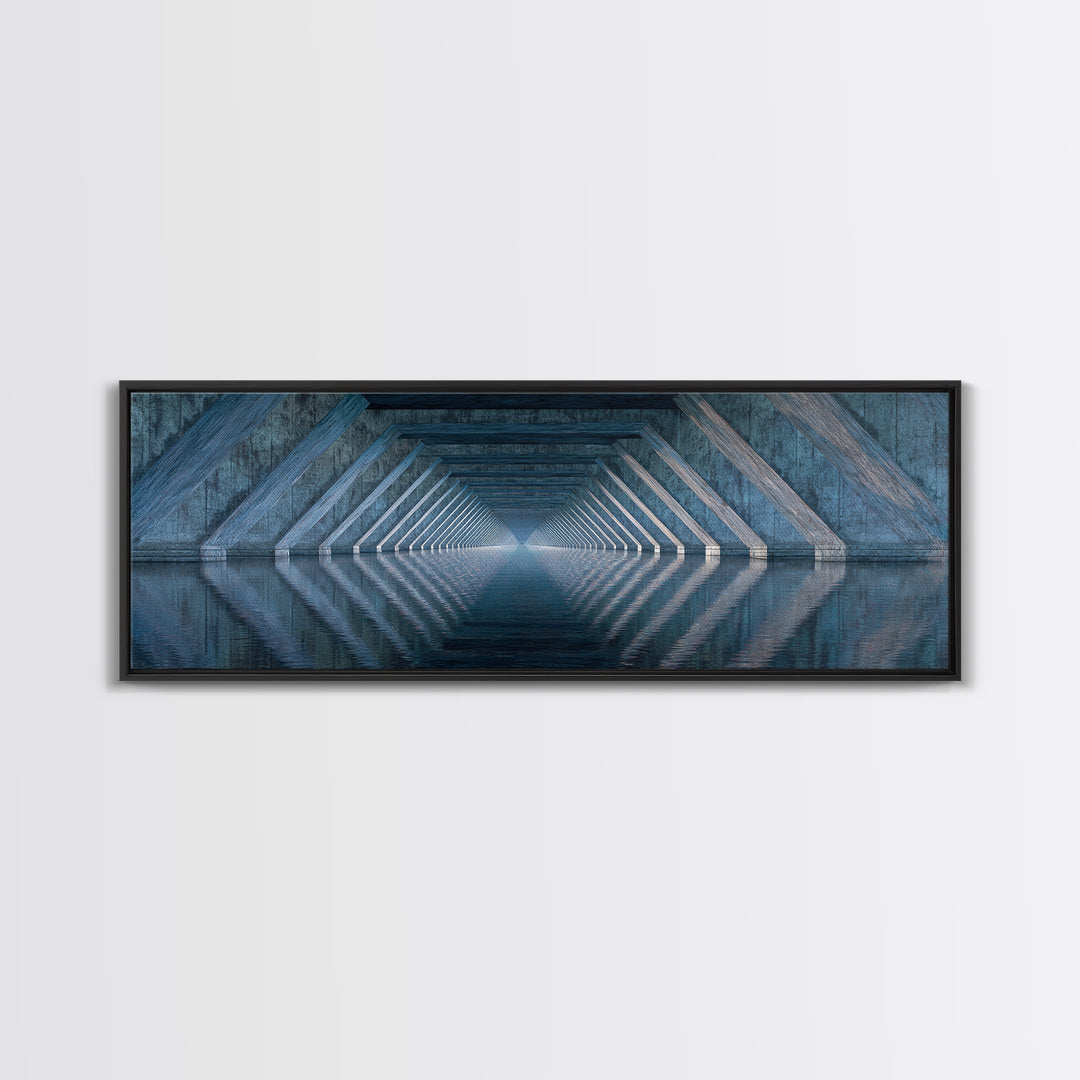 Concrete Underpass Reflections Framed Canvas Print, Geometric Bridge Wall Art, Blue Industrial Decor, Minimalist Poster Print