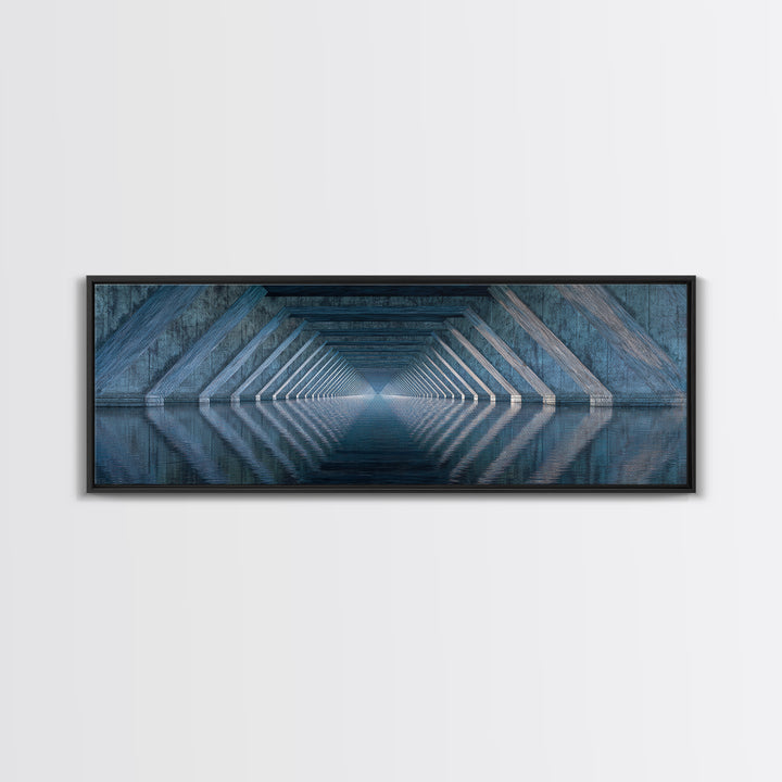 Concrete Underpass Reflections Framed Canvas Print, Geometric Bridge Wall Art, Blue Industrial Decor, Minimalist Poster Print