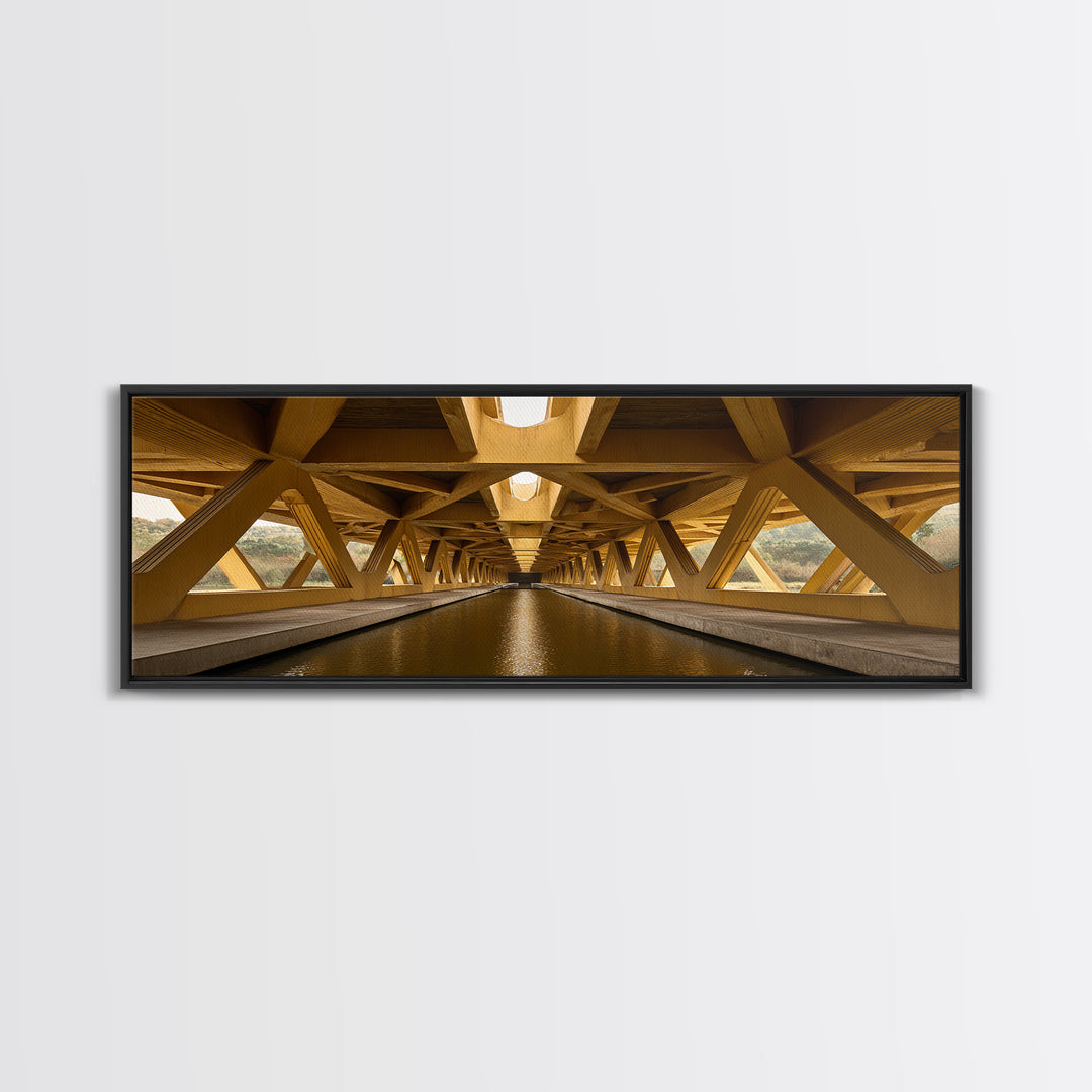 Golden Canal Under Bridge Canvas Print, Symmetrical Architecture Wall Art, Warm Industrial Decor, Modern Perspective Poster