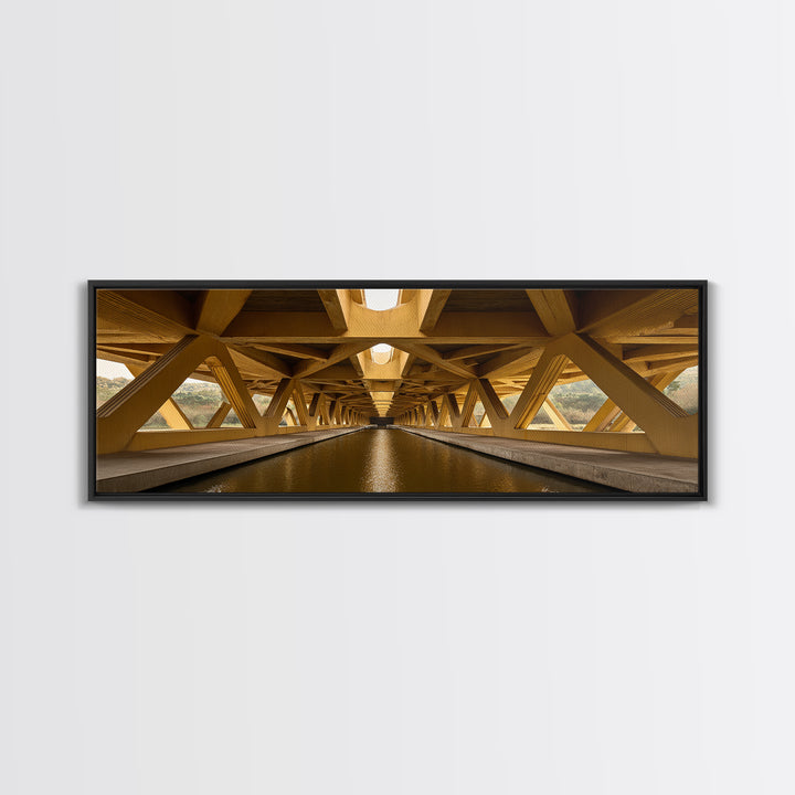 Golden Canal Under Bridge Canvas Print, Symmetrical Architecture Wall Art, Warm Industrial Decor, Modern Perspective Poster