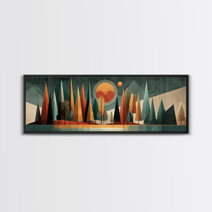 Textured Midcentury Forest Sun Wall Art, Orange Teal Landscape, Atomic Modern Art Print, Retro Home Decor For Living Room