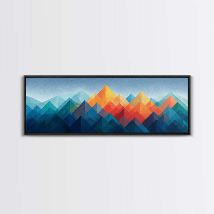 Blue Orange Faceted Mountain Range Framed Canvas Print, Mid Century Modern Abstract Art, Geometric Wall Decor Poster For Living Room
