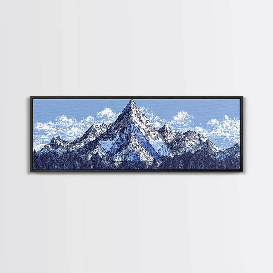 Snowy Alpine Mountain Sketch Wall Art, Blue White Landscape Print, Modern Geometric Poster, Office And Living Room Decor