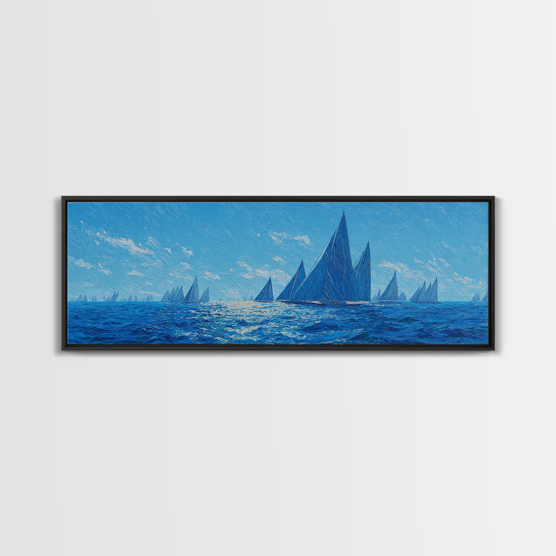 Deep Blue Sailboat Horizon Framed Canvas Print, Coastal Wall Art, Nautical Ocean Decor, Modern Landscape Poster For Office