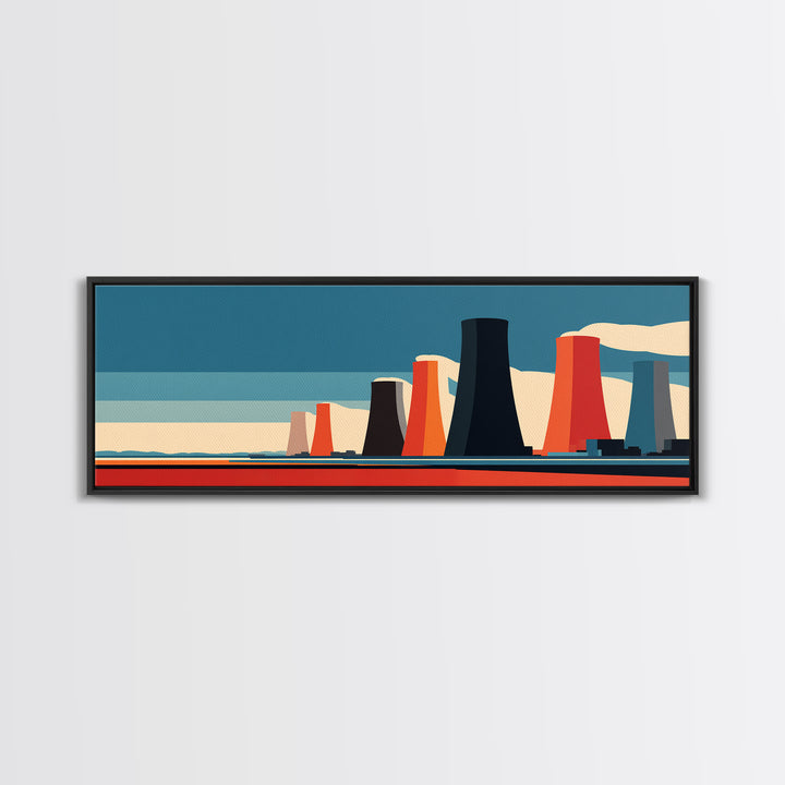 Retro Nuclear Cooling Towers At Desert Horizon Wall Art, Midcentury Modern Industrial Landscape, Bold Orange Blue MCM Decor