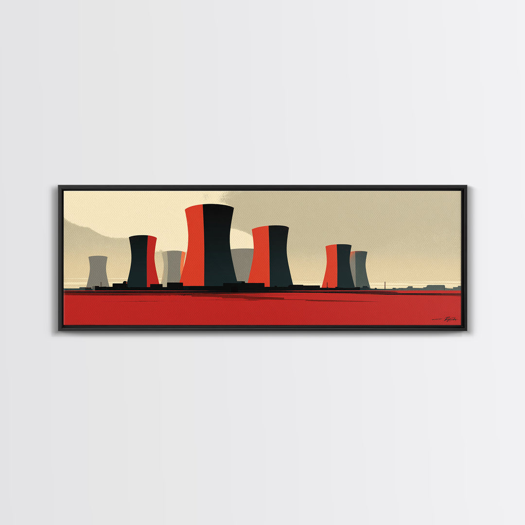 Minimal Cooling Towers On Red Plain Canvas Print, Midcentury Modern Industrial Landscape, Atomic Power Plant Wall Decor Art