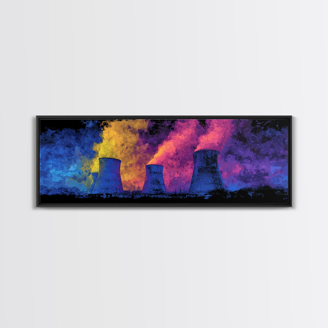 Blue Nuclear Towers With Neon Smoke Framed Canvas Print, Retro Sci Fi Industrial Wall Art, Colorful Modern Abstract Decor