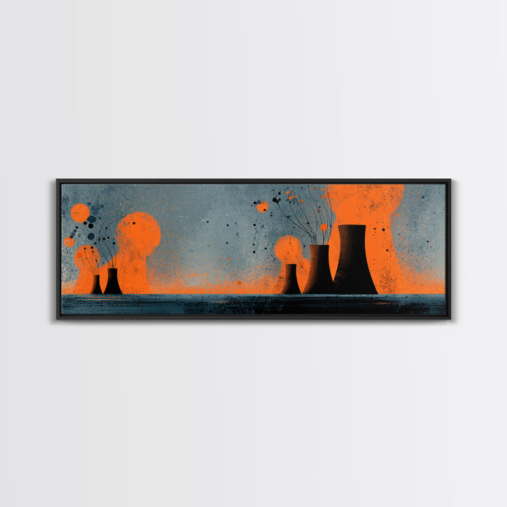 Orange Atomic Cooling Towers At Dusk Wall Art, Midcentury Modern Industrial Landscape, Retro Abstract Power Plant Decor Print