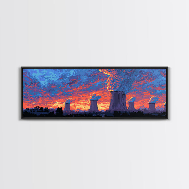 Purple Cooling Towers Under Fiery Sunset Framed Canvas Print, Retro Industrial Wall Art, Colorful Modern Landscape Decor
