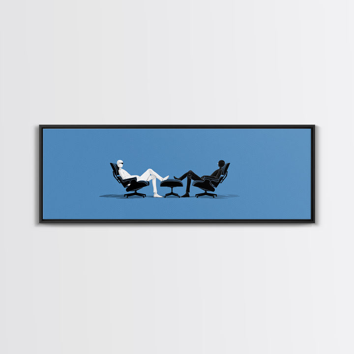 Two Minimal Figures In Lounge Chairs Wall Art, Midcentury Modern Therapy Office Decor, Blue Retro Abstract Art Print Poster