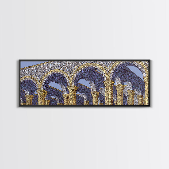 Golden Blue Moorish Arches Framed Canvas Print, Architectural Wall Art, Mediterranean Decor, Elegant Colonnade Poster Gift