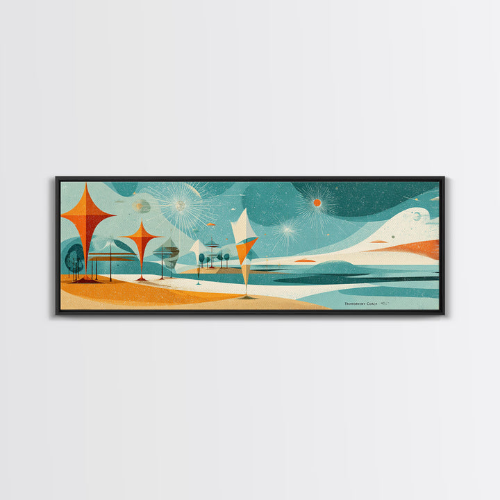 Retro Abstract Beach Waves Canvas Print, Atomic Coastal Wall Art, Midcentury Modern Decor, Orange Teal Poster For Beach House