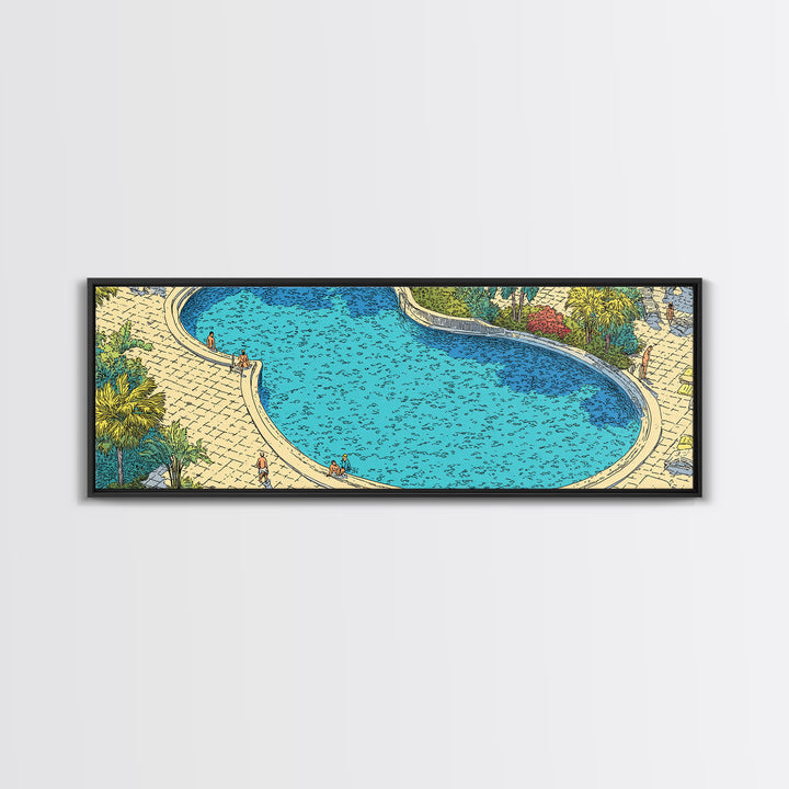 Bright Blue Resort Pool With Stone Terrace Wall Art, Midcentury Modern Print, Tropical Garden Decor, Large Canvas Poster