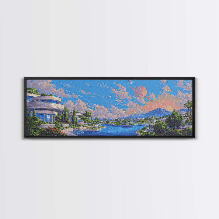 Futuristic Lakeside City With Planets Wall Art, Midcentury Modern Poster, Retro Sci Fi Decor, Scenic Landscape Canvas Print