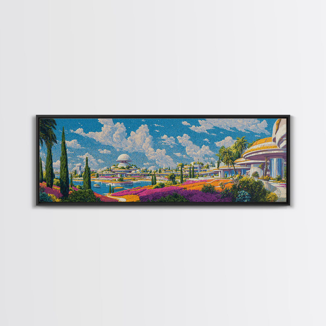 Utopian Waterfront Futurist City Wall Art, Mid Century Modern Travel Poster, Retro Modern Home Decor, Panoramic Canvas Print