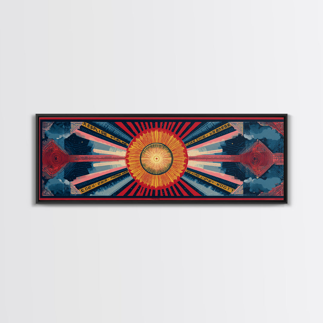 Cosmic Golden Sunburst Space Chart Wall Art, Mid Century Modern Abstract, Atomic Retro Poster, Blue Red Panoramic Canvas Print