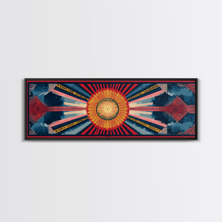 Cosmic Golden Sunburst Space Chart Wall Art, Mid Century Modern Abstract, Atomic Retro Poster, Blue Red Panoramic Canvas Print
