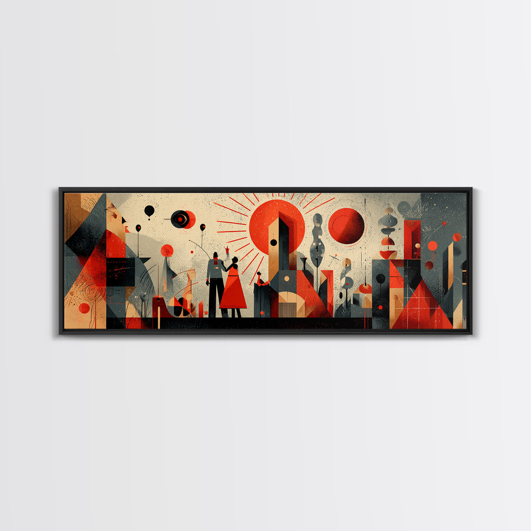 Geometric Red Sun City With Figures Wall Art, Mid Century Modern Abstract Poster, Bauhaus MCM Decor, Panoramic Canvas Print