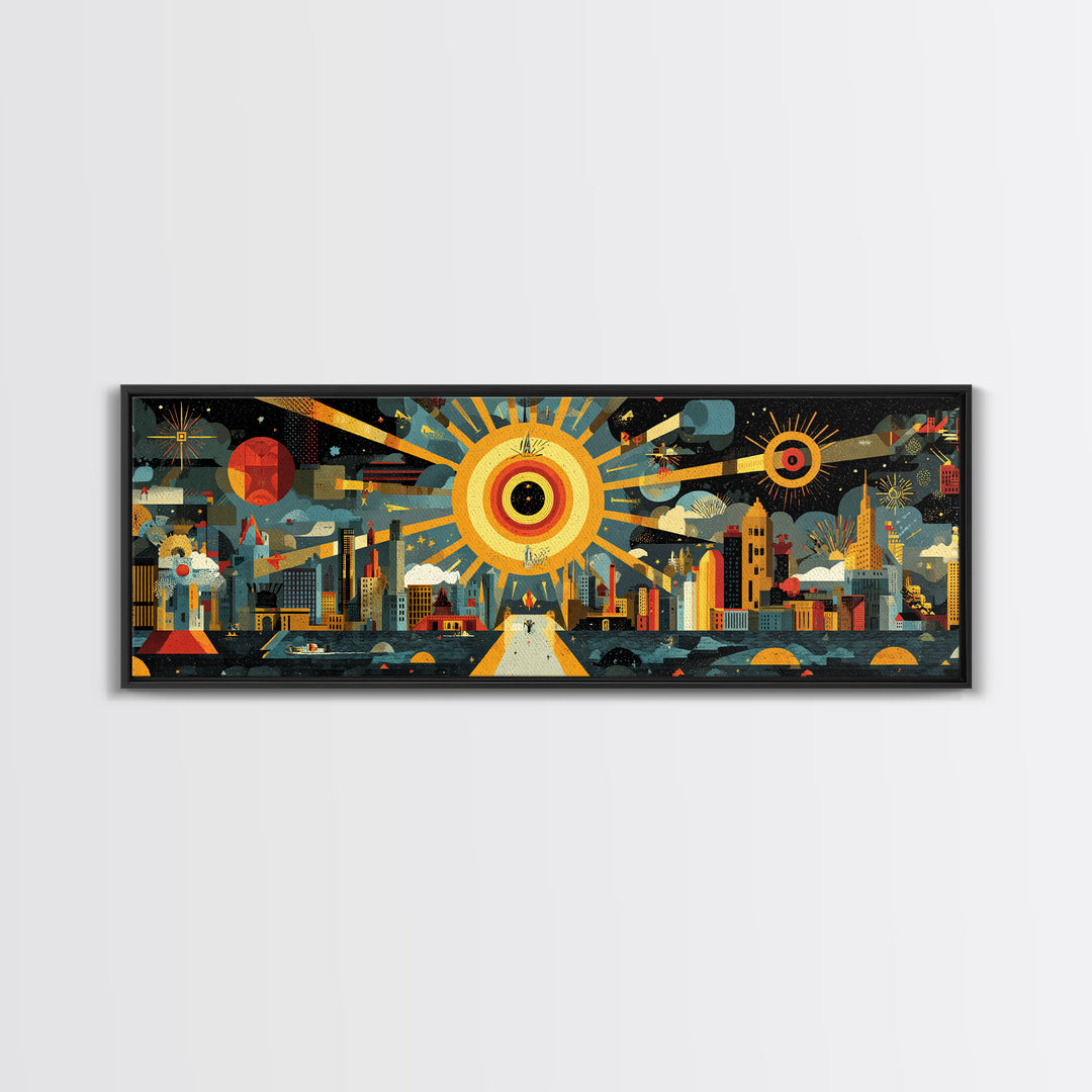 Atomic City Skyline Under Giant Sun Wall Art, Mid Century Modern Urban Poster, Retro Modern Home Decor, Panoramic Canvas Print