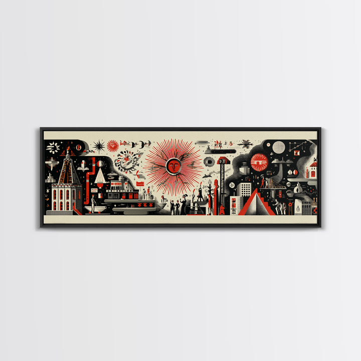 Surreal Red Sun Town Collage Wall Art, Mid Century Modern Folk Abstract Poster, Black Cream Retro Decor, Panoramic Canvas Print