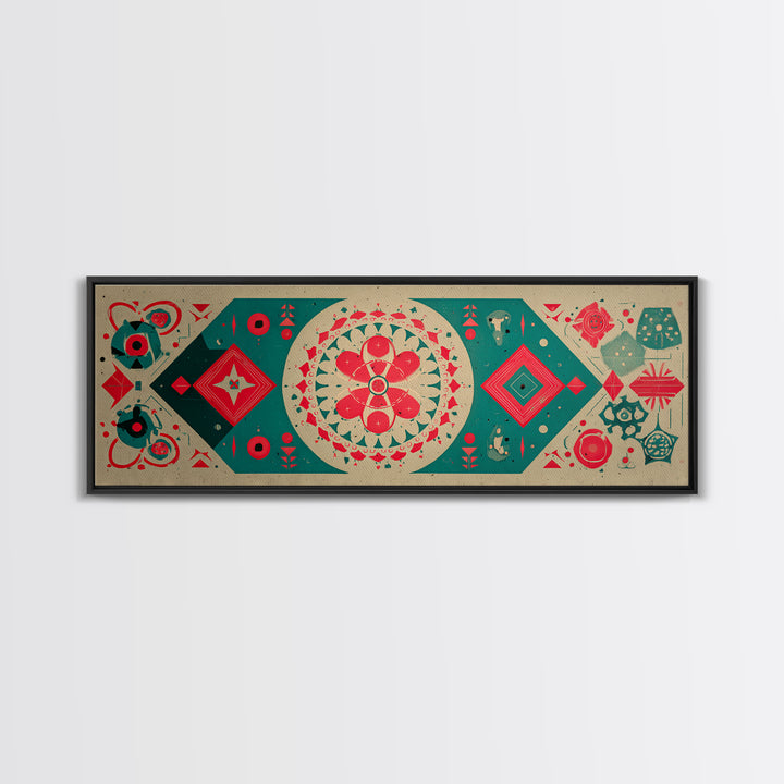 Red Green Mandala Flowers And Diamonds Canvas Print, Geometric Wall Art, Midcentury Modern Decor, Retro Pattern Poster, Home Decor