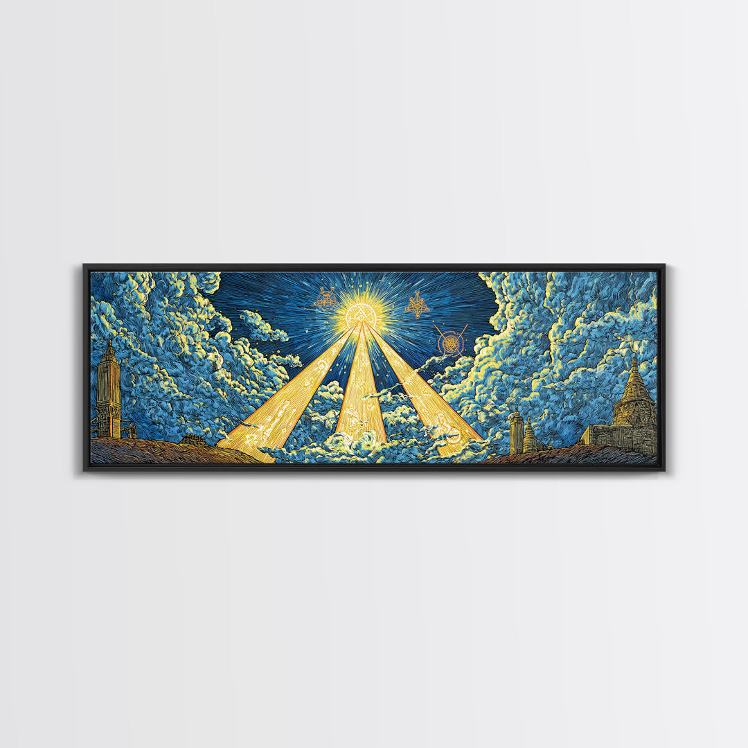 Golden Light Beams Through Clouds Framed Canvas Print, Spiritual Wall Art, Midcentury Modern Poster, Celestial Decor, Sci Fi Wall Decor