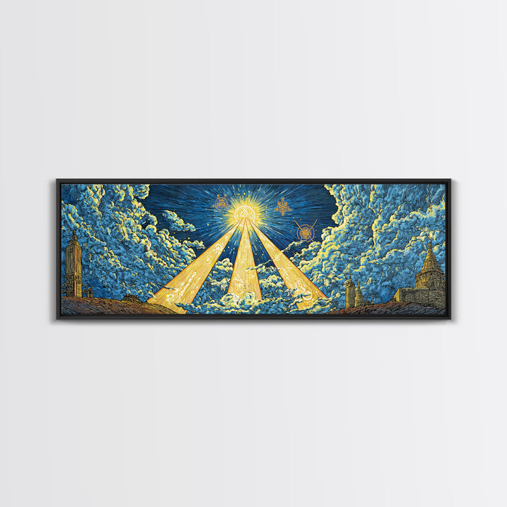 Golden Light Beams Through Clouds Framed Canvas Print, Spiritual Wall Art, Midcentury Modern Poster, Celestial Decor, Sci Fi Wall Decor