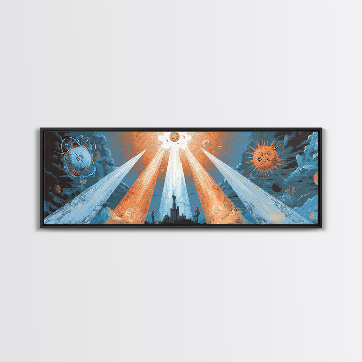 Planetary Spotlights Over Futuristic City Canvas Print, Space Abstract Art, Modern Wall Decor, Retro Sci Fi Poster, Home Office Art
