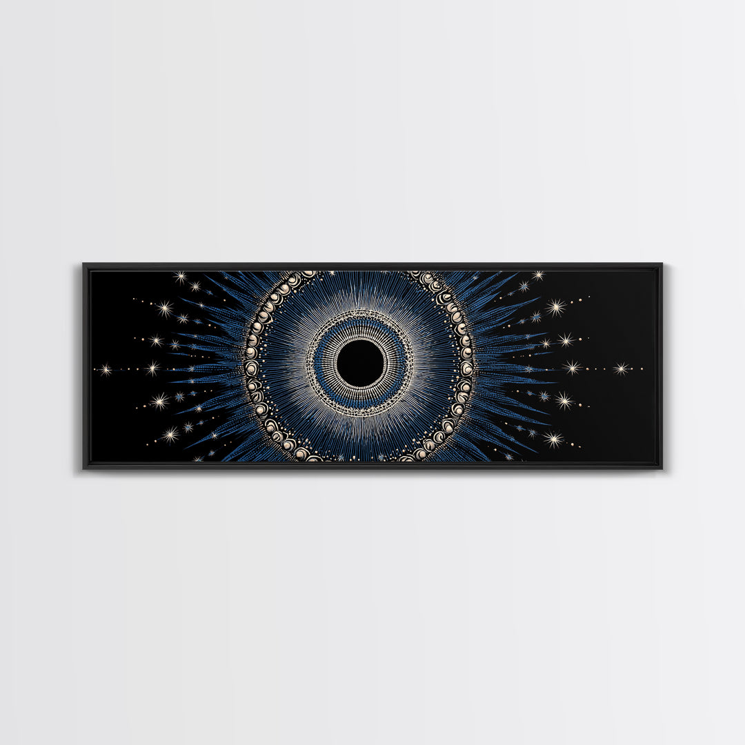 Blue Celestial Eclipse Wall Art, Art Deco Sunburst Mandala, Modern Abstract Print, Gothic Cosmic Framed Canvas Print Decor