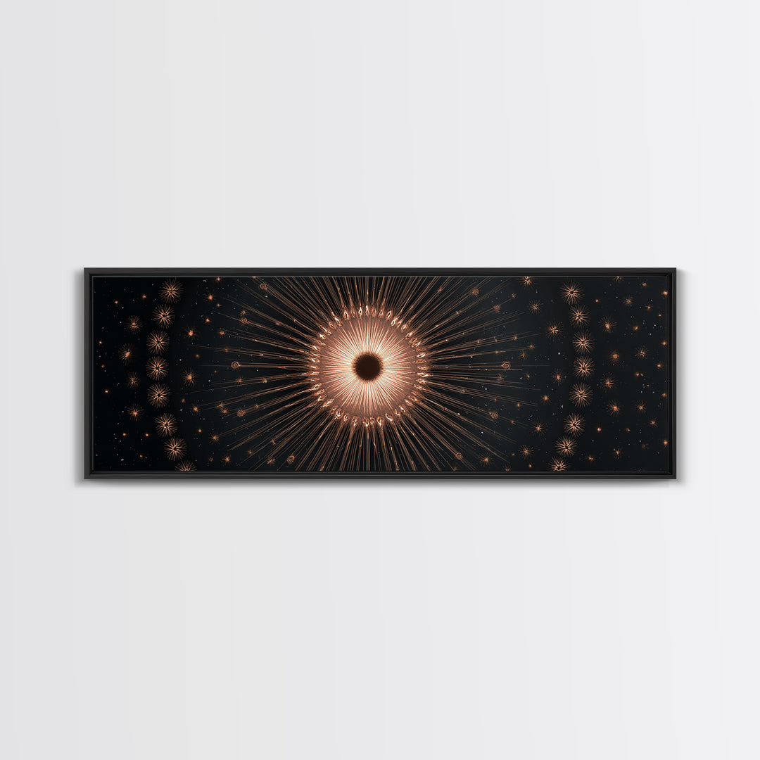 Copper Gold Eclipse Sunburst Wall Art, Modern Art Deco Canvas Print, Cosmic Celestial Decor, Black Gold Statement Print Gift