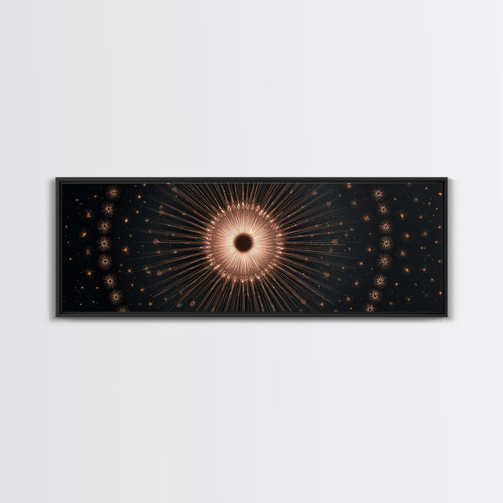 Copper Gold Eclipse Sunburst Wall Art, Modern Art Deco Canvas Print, Cosmic Celestial Decor, Black Gold Statement Print Gift