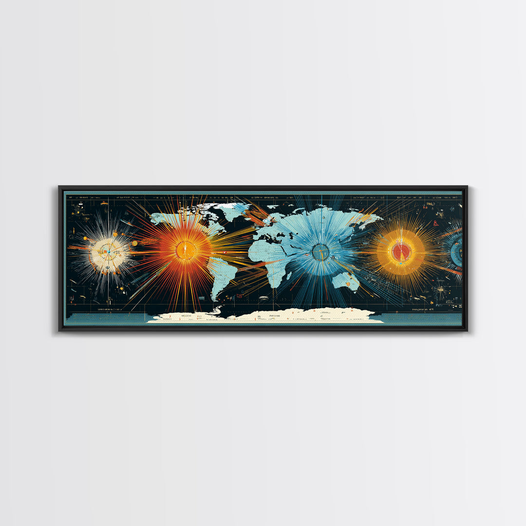 World Map Sunburst Network With Celestial Nodes, Canvas Print, Modern Wall Art, Geographic Abstract Poster For Office Decor