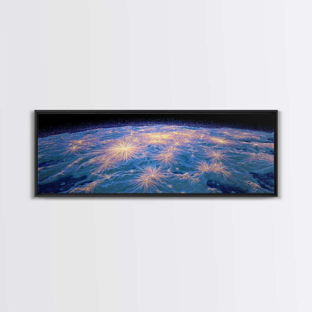 Earth From Orbit With Electric Light Bursts, Framed Canvas Print, Space Abstract Art, Modern Wall Decor For Home Office Decor